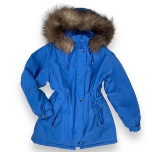 Vintage blue waterproof parka with large fox fur hood